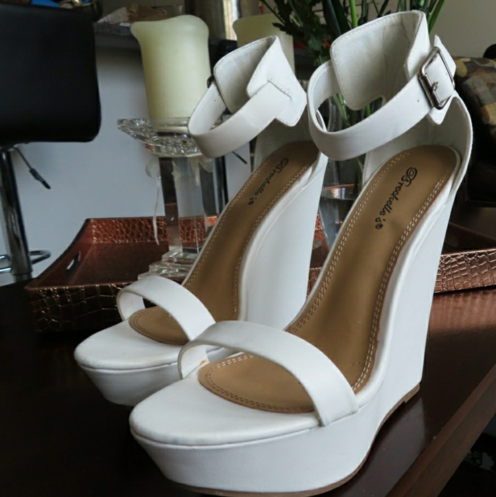 White, Strapped, Platform Wedges